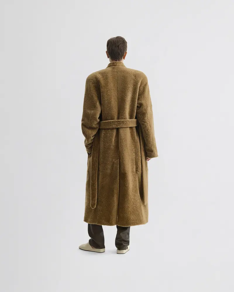 Tobacco Shearling Robe Coat | Belted Shaved Finish With High Collar