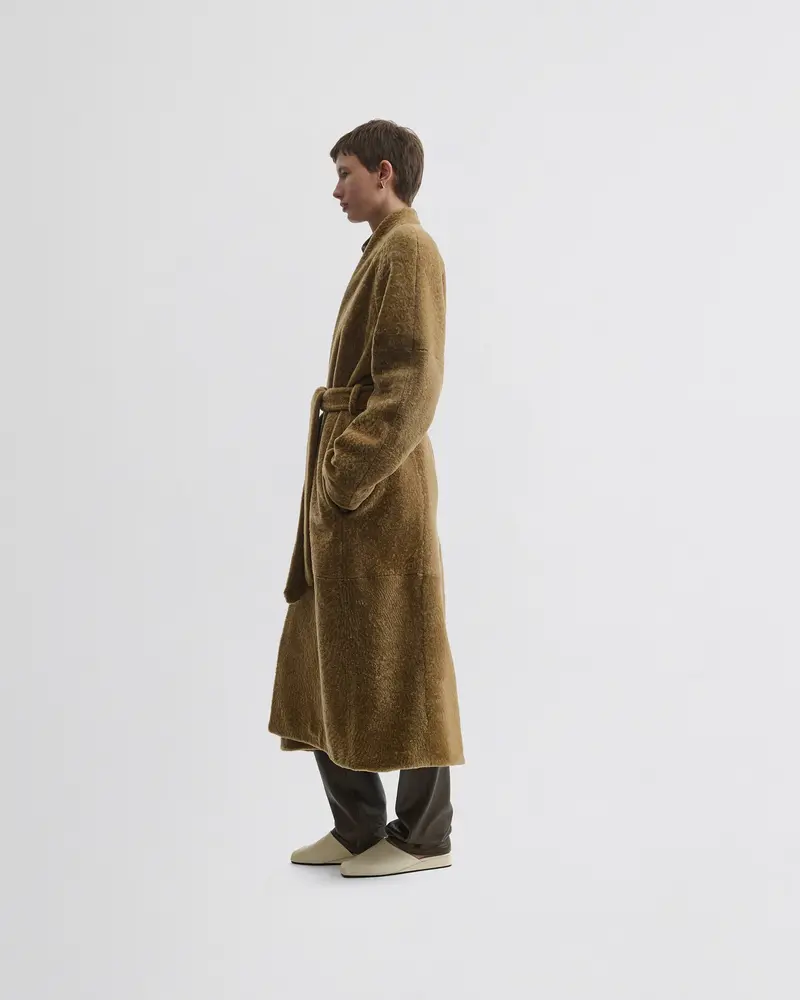 Tobacco Shearling Robe Coat | Belted Shaved Finish With High Collar