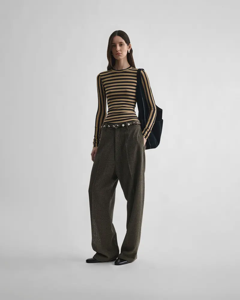 Toffee-And-Black Stripe Top In Stretch Viscose Crepe