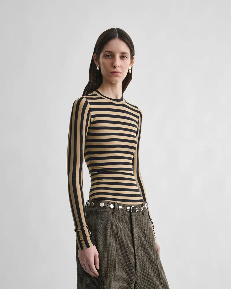 Toffee-And-Black Stripe Top In Stretch Viscose Crepe