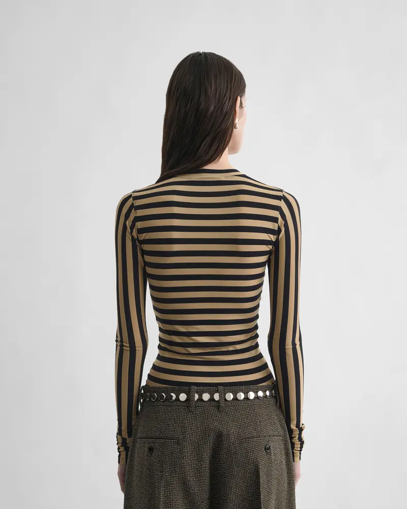 Toffee-And-Black Stripe Top In Stretch Viscose Crepe