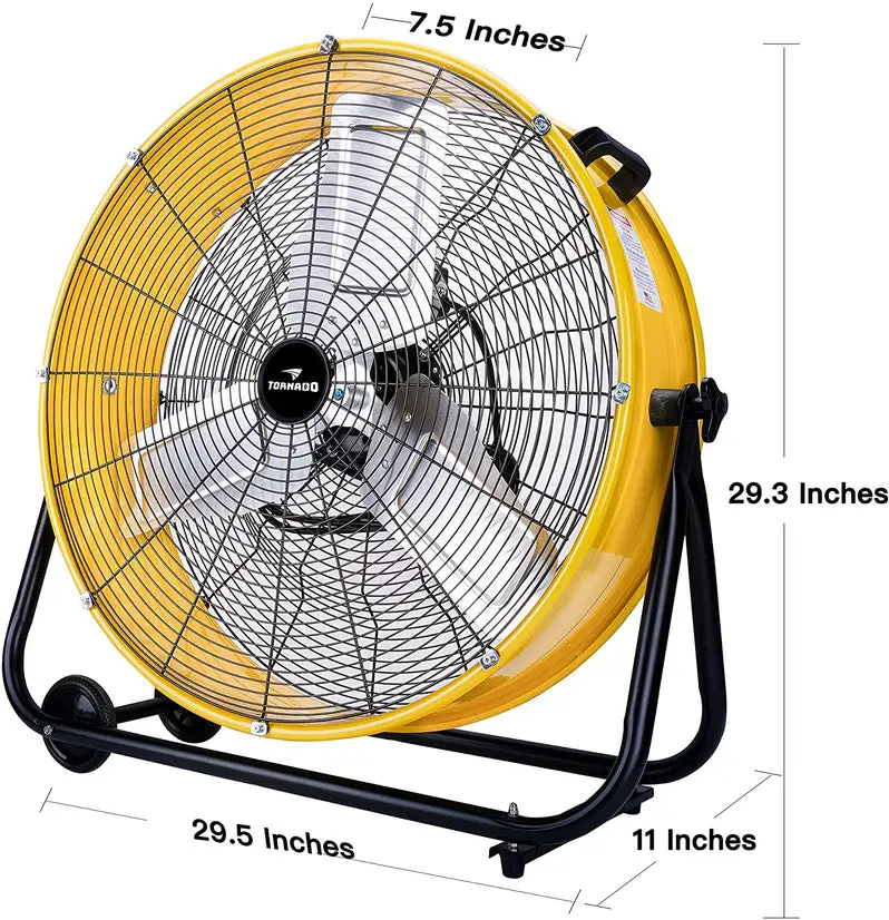 Tornado Industrial Air Circulator – 24-Inch UL-Certified Drum Fan, 3-Speed, 7800 CFM Output (Yellow)