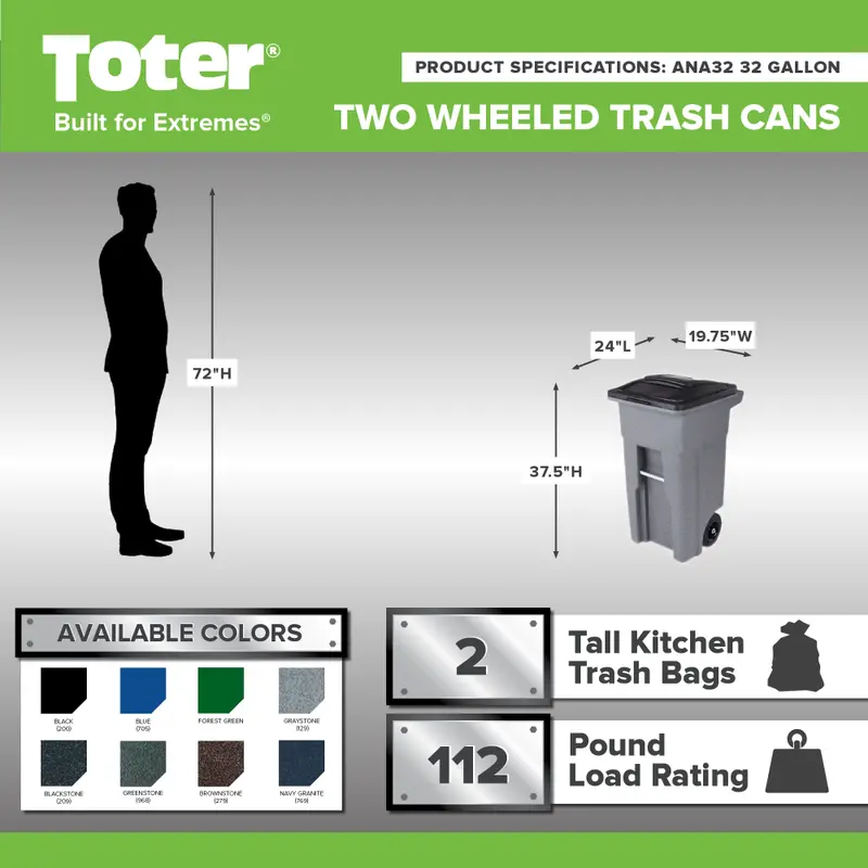 Toter 32-Gallon Greenstone Trash Can – Heavy-Duty Indoor/Outdoor Bin with Quiet Wheels, Hinged Lid, Weather Resistance