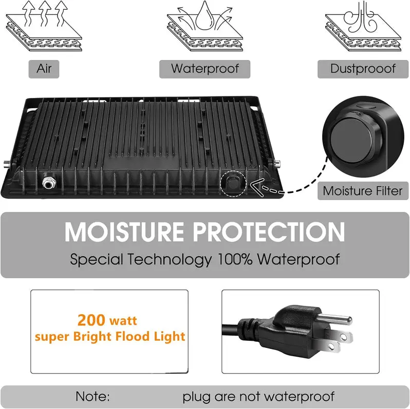 Triple-Pack 200W High-Lumen LED Flood Lights – IP66-Rated Outdoor Security Lighting, 22,800 Lumens, 5000K Daylight White