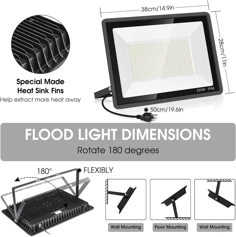 Triple-Pack 200W High-Lumen LED Flood Lights – IP66-Rated Outdoor Security Lighting, 22,800 Lumens, 5000K Daylight White