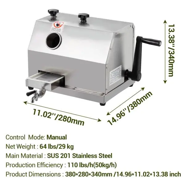 Triple-Roll Stainless Steel Manual Sugarcane Juicer – 2.4-Inch Feed Chute, 110 lbs/hr Output for Home or Light Commercial Use