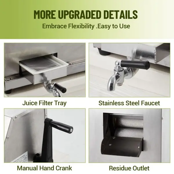 Triple-Roll Stainless Steel Manual Sugarcane Juicer – 2.4-Inch Feed Chute, 110 lbs/hr Output for Home or Light Commercial Use
