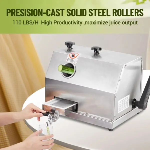 Triple-Roll Stainless Steel Manual Sugarcane Juicer – 2.4-Inch Feed Chute, 110 lbs/hr Output for Home or Light Commercial Use