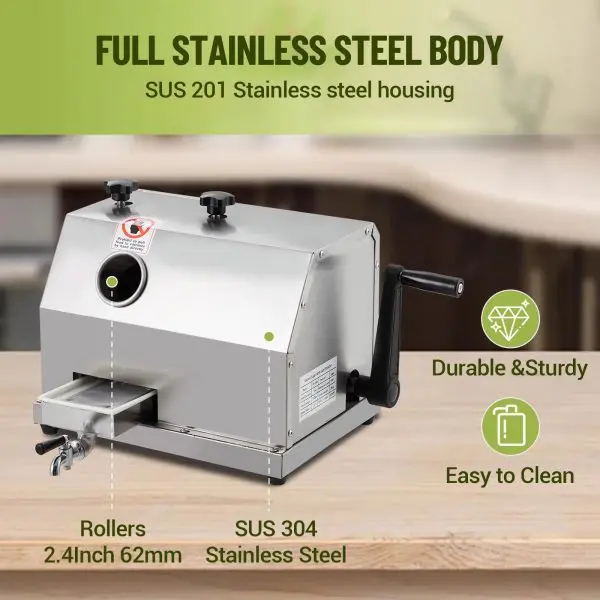 Triple-Roll Stainless Steel Manual Sugarcane Juicer – 2.4-Inch Feed Chute, 110 lbs/hr Output for Home or Light Commercial Use