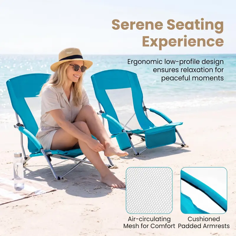 Two-Pack Lightweight Folding Beach Chairs – Compact, Low-Profile Camp Seating Designed for Adult Use