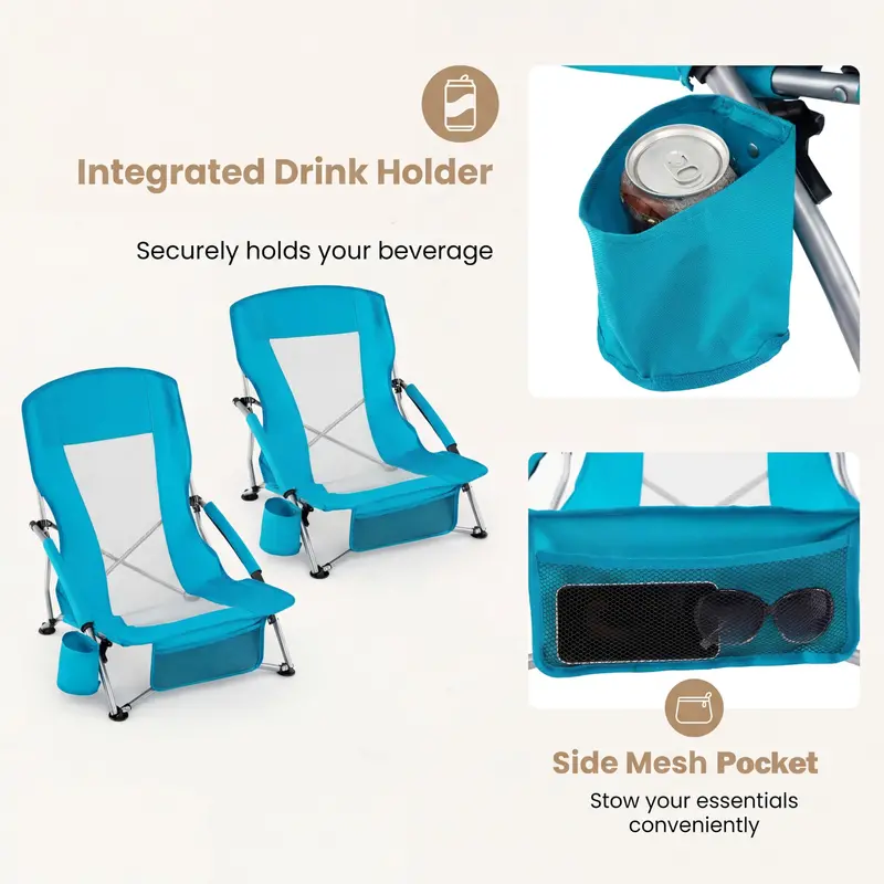 Two-Pack Lightweight Folding Beach Chairs – Compact, Low-Profile Camp Seating Designed for Adult Use