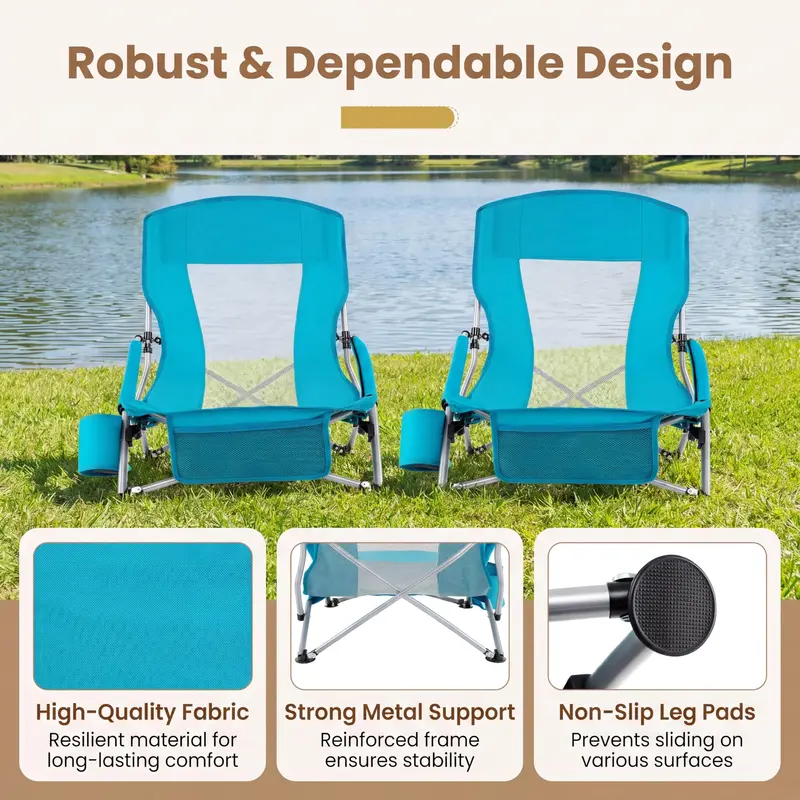 Two-Pack Lightweight Folding Beach Chairs – Compact, Low-Profile Camp Seating Designed for Adult Use
