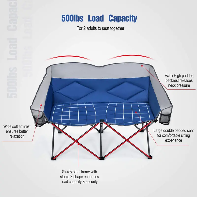 Two-Person Folding Loveseat – Padded High-Back Camping Chair with Carry Bag