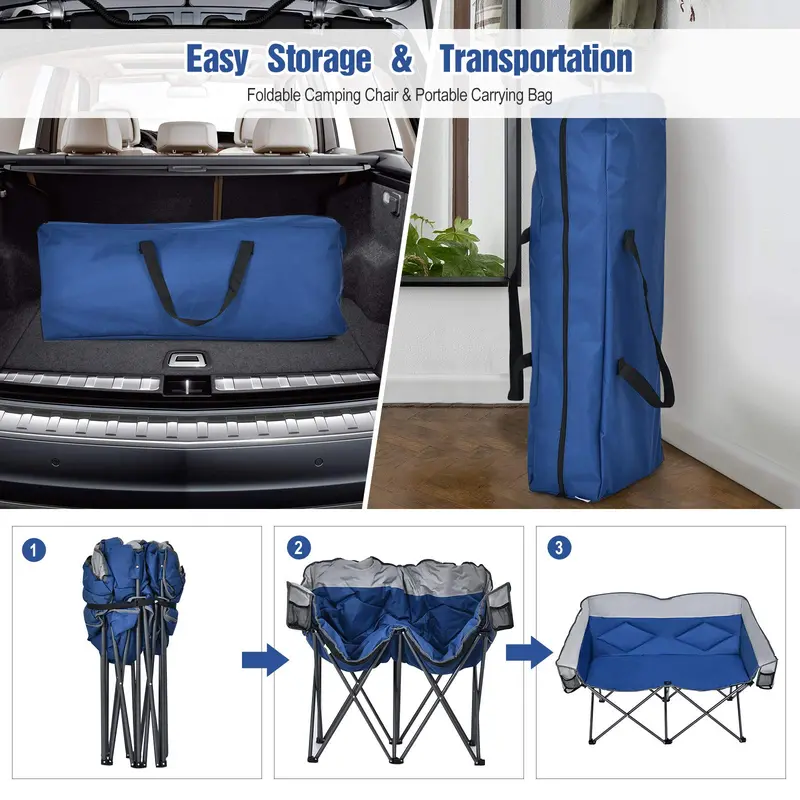Two-Person Folding Loveseat – Padded High-Back Camping Chair with Carry Bag