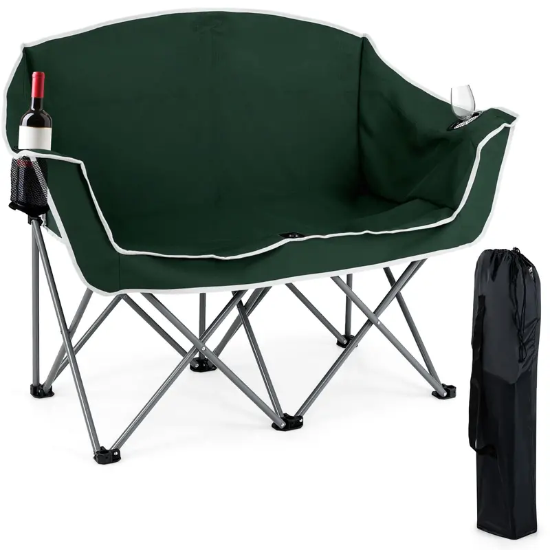 Two-Person Folding Outdoor Sofa with Dual Cup Holders and Convenient Back Pockets