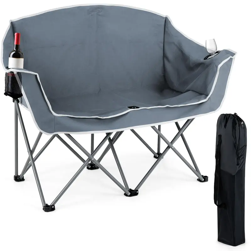 Two-Person Folding Outdoor Sofa with Dual Cup Holders and Convenient Back Pockets