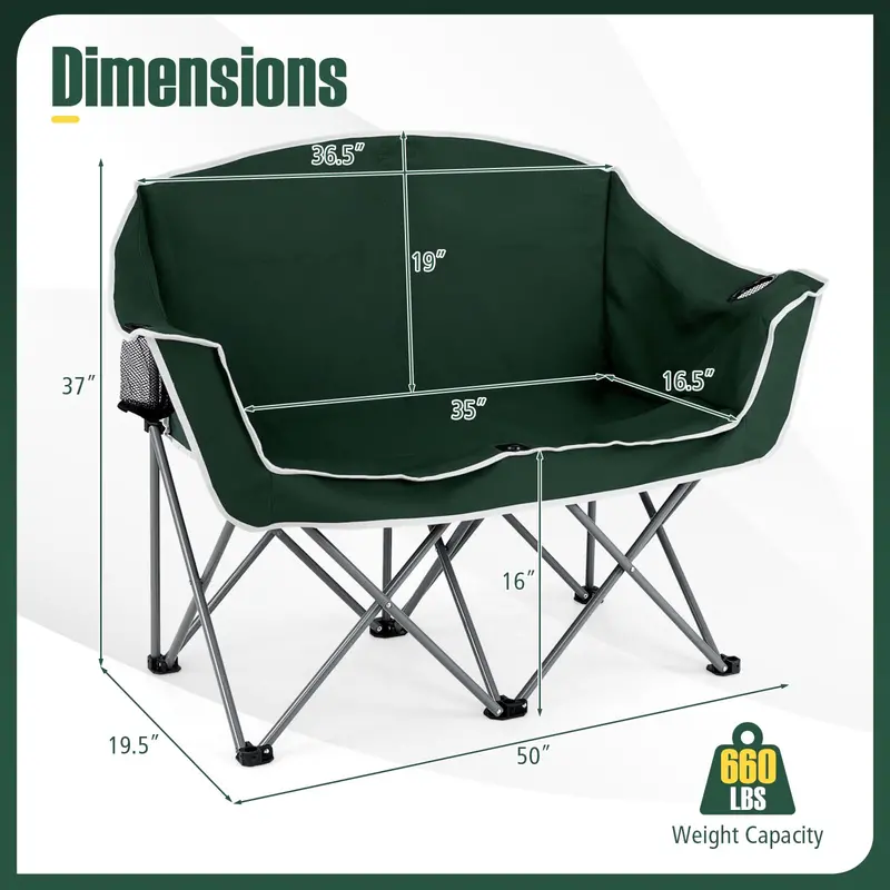 Two-Person Folding Outdoor Sofa with Dual Cup Holders and Convenient Back Pockets