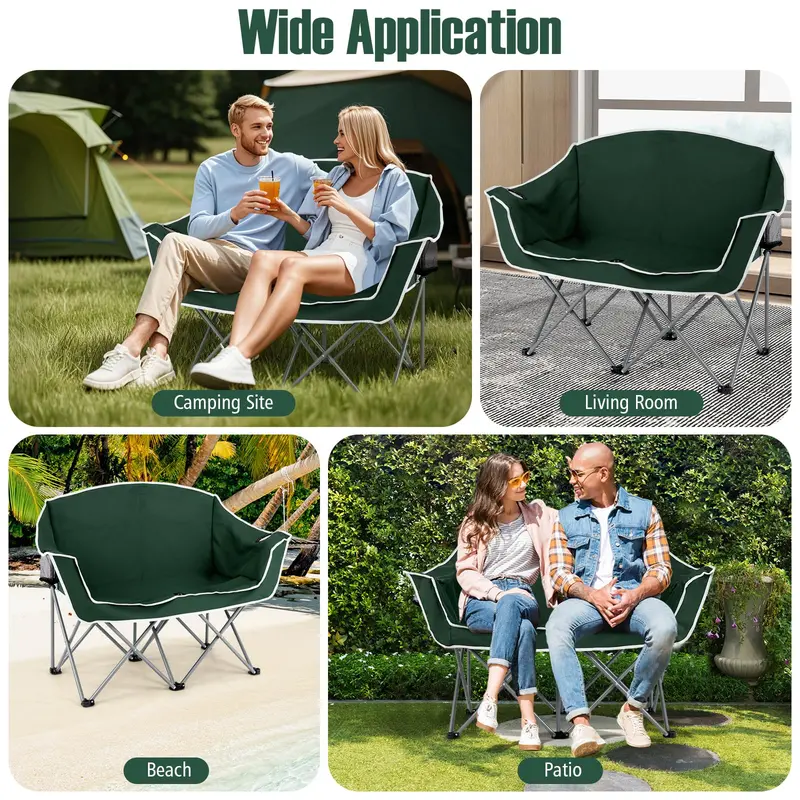 Two-Person Folding Outdoor Sofa with Dual Cup Holders and Convenient Back Pockets