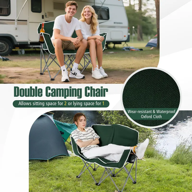Two-Person Folding Outdoor Sofa with Dual Cup Holders and Convenient Back Pockets