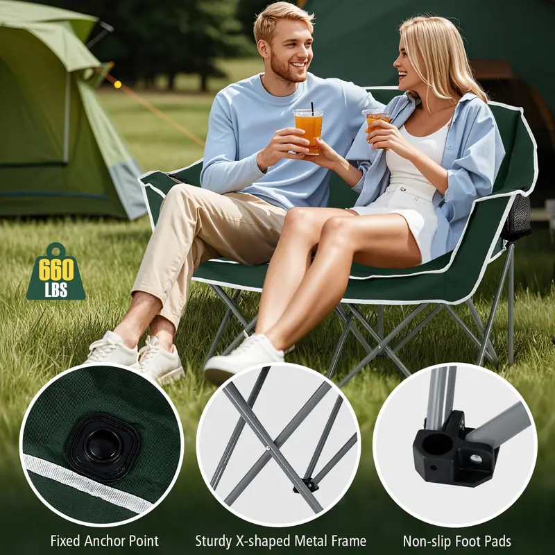 Two-Person Folding Outdoor Sofa with Dual Cup Holders and Convenient Back Pockets