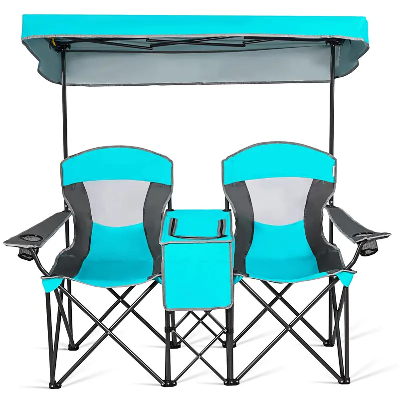 Two-Person Portable Camping Chair Featuring Built-in Sunshade Canopy