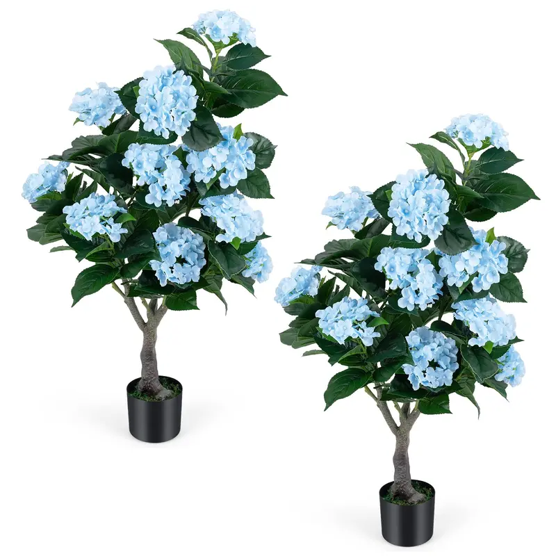Two-Piece Artificial Hydrangea Tree Set – 11-Bloom Arrangement in Decorative Nursery Pots 2