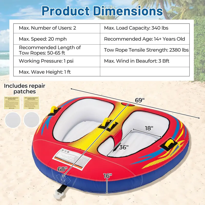 Two-Rider Inflatable Tow Tube for Boating and Water Recreation—Durable, Stable, and Easy to Inflate