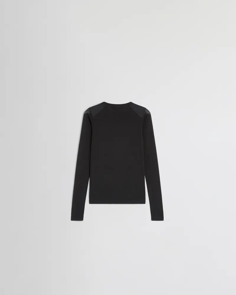 Ultra-Fine Black Cotton Crewneck Top With Slub Texture 2