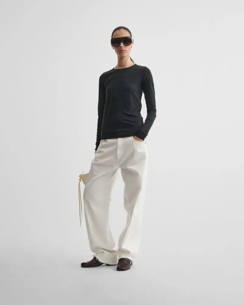 Ultra-Fine Black Cotton Crewneck Top With Slub Texture