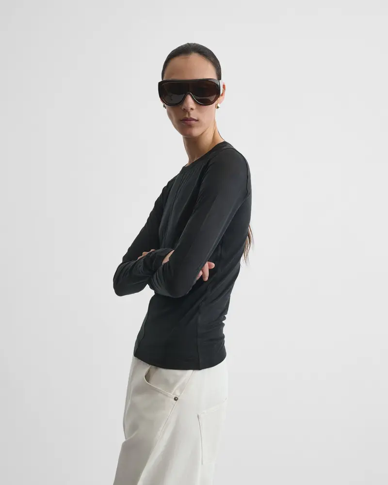 Ultra-Fine Black Cotton Crewneck Top With Slub Texture