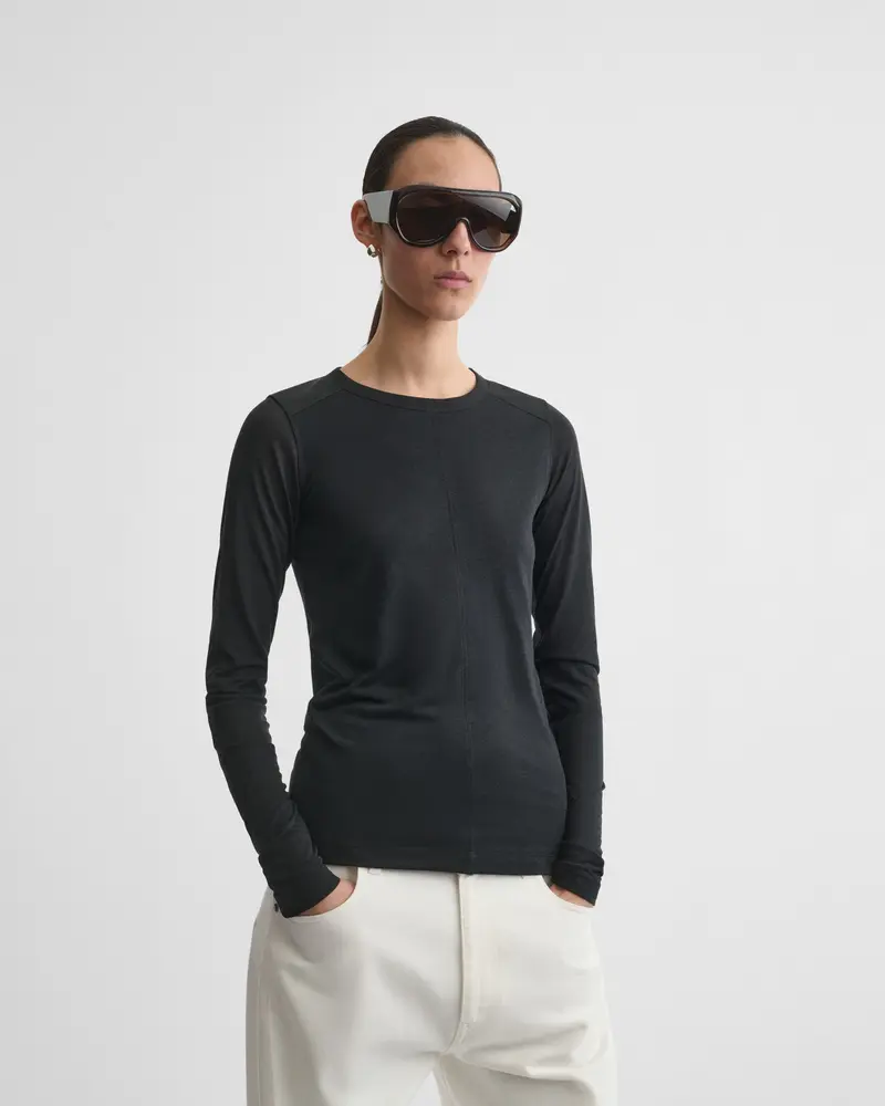 Ultra-Fine Black Cotton Crewneck Top With Slub Texture