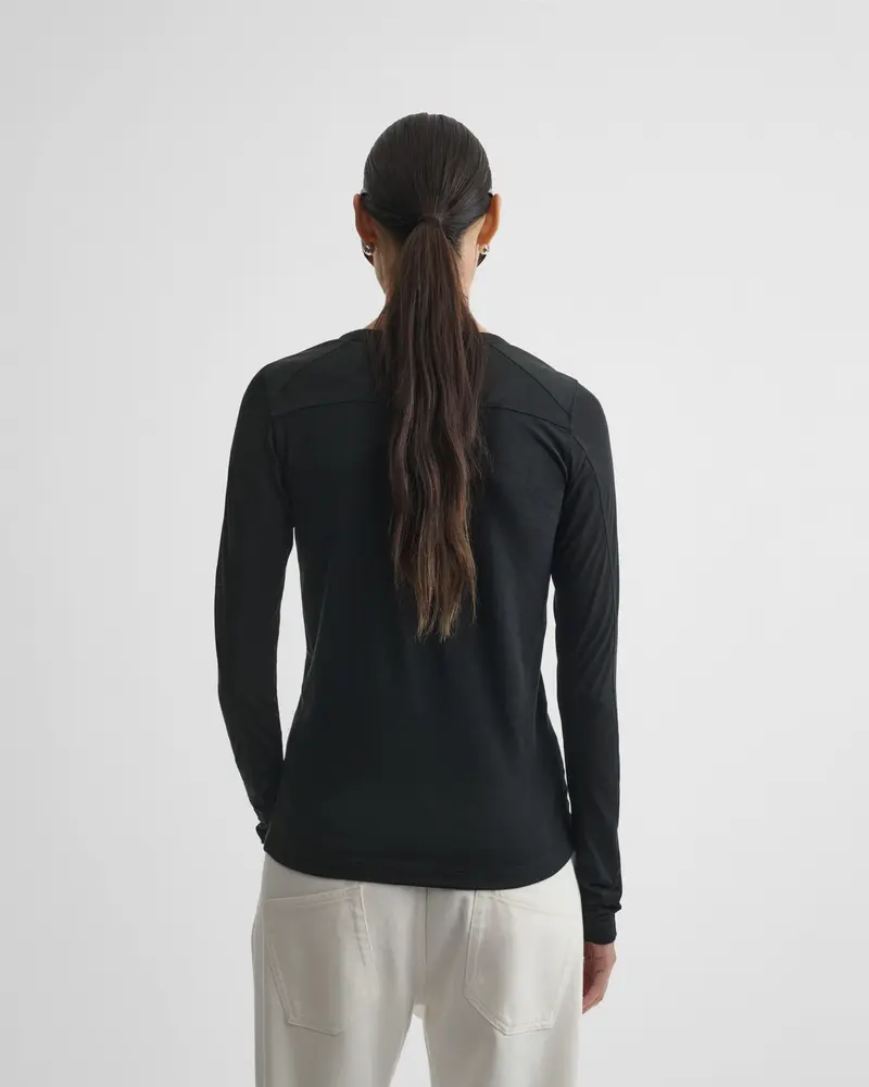 Ultra-Fine Black Cotton Crewneck Top With Slub Texture