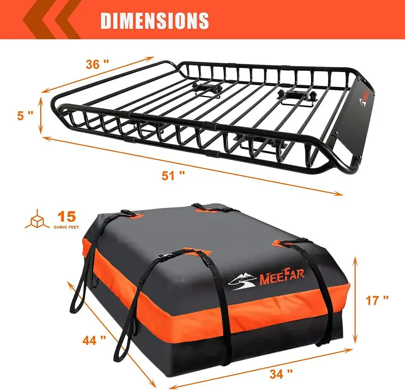 Universal Roof Rack Cargo Basket – 51" x 36" x 5" Steel Mesh Tray with Waterproof Storage Bag