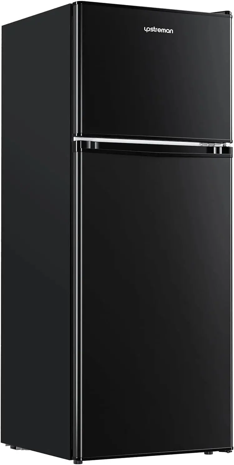 Upstreman BR401 Compact Mini Fridge with Freezer – 4.0 Cu. Ft. Dual-Door Dorm Refrigerator Featuring Adjustable Temperature Control and Matte Black Design