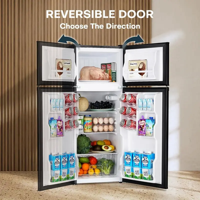 Upstreman BR401 Compact Mini Fridge with Freezer – 4.0 Cu. Ft. Dual-Door Dorm Refrigerator Featuring Adjustable Temperature Control and Matte Black Design