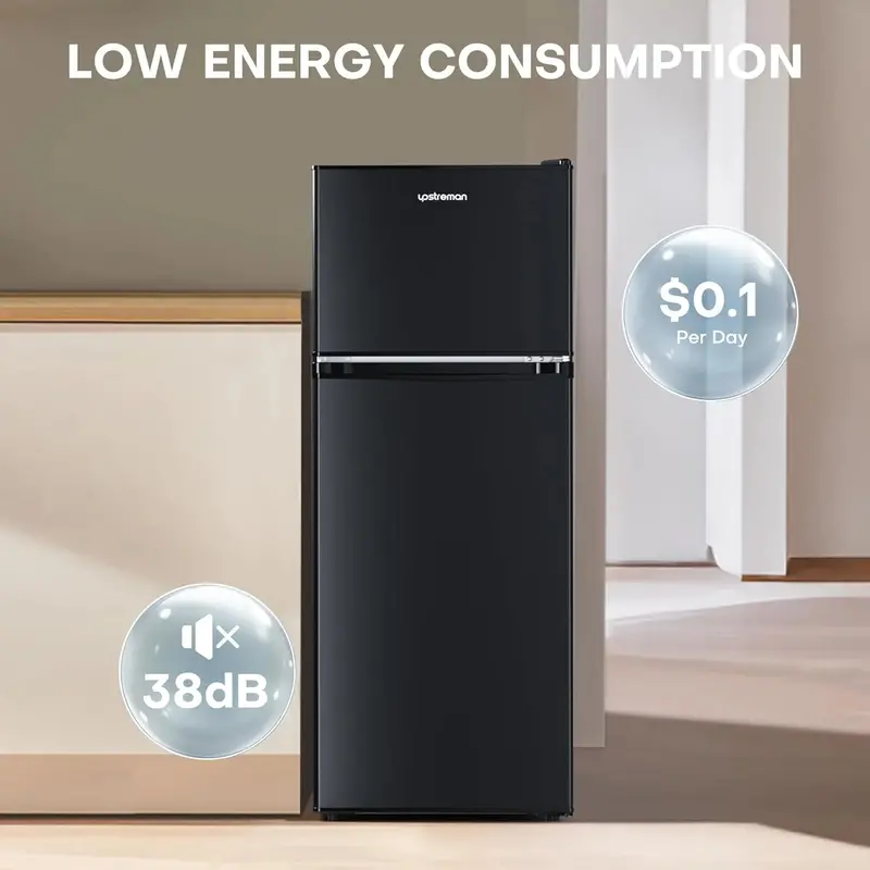 Upstreman BR401 Compact Mini Fridge with Freezer – 4.0 Cu. Ft. Dual-Door Dorm Refrigerator Featuring Adjustable Temperature Control and Matte Black Design