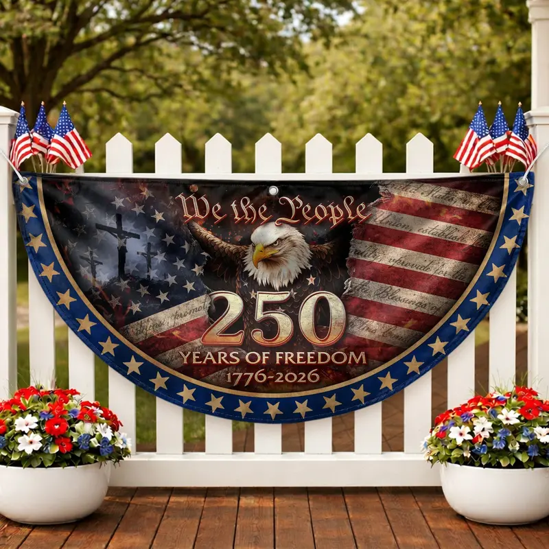 USA Bicentennial Commemorative Fence Flag: Patriotic 1776–2026 Banner Featuring Cross Symbol and 'We The People' Motif