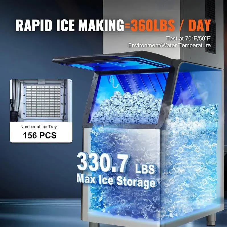 VEVOR Commercial Ice Maker – 360 lbs Daily Production with 330.7 lbs Built-In Storage Bin