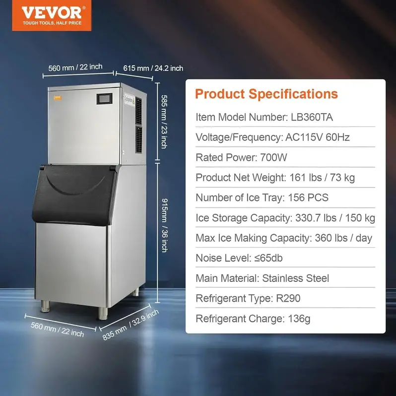 VEVOR Commercial Ice Maker – 360 lbs Daily Production with 330.7 lbs Built-In Storage Bin