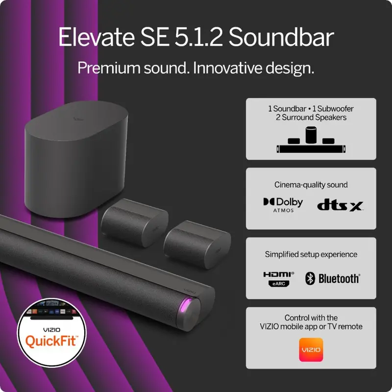 VIZIO Elevate SE 5.1.2 Dolby Atmos Soundbar — Wireless Subwoofer, 2024 Edition