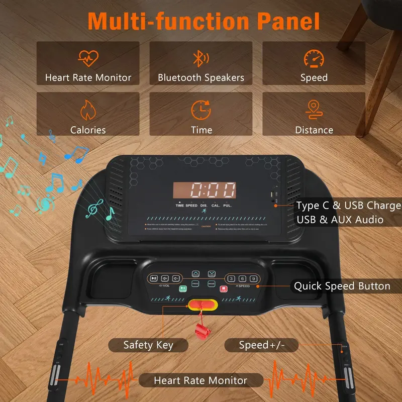 VLDTDRDI Heavy-Duty Folding Treadmill – 3.5HP Motor, 500LB Weight Limit, 10MPH Speed, Bluetooth Audio, USB Port, Adjustable Incline & Heart Rate Sensors