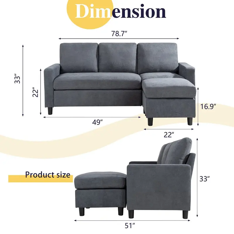 Walsunny L-Shaped Convertible Sectional Sofa – Linen Upholstered, Reversible Ottoman & Space-Efficient Layout