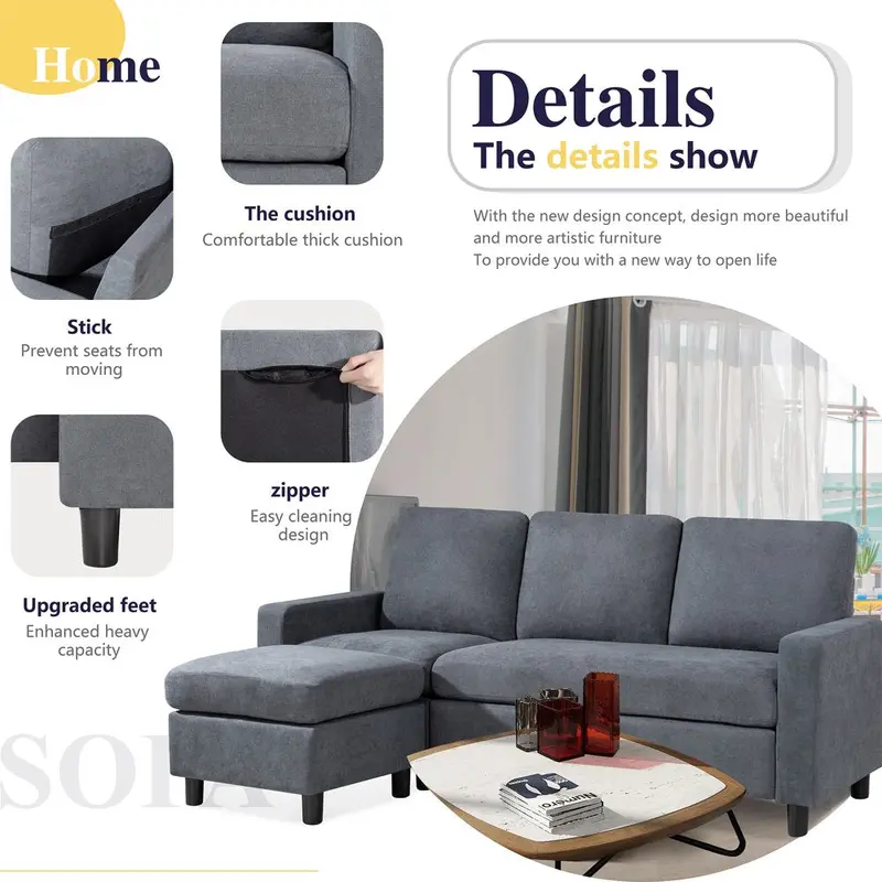 Walsunny L-Shaped Convertible Sectional Sofa – Linen Upholstered, Reversible Ottoman & Space-Efficient Layout