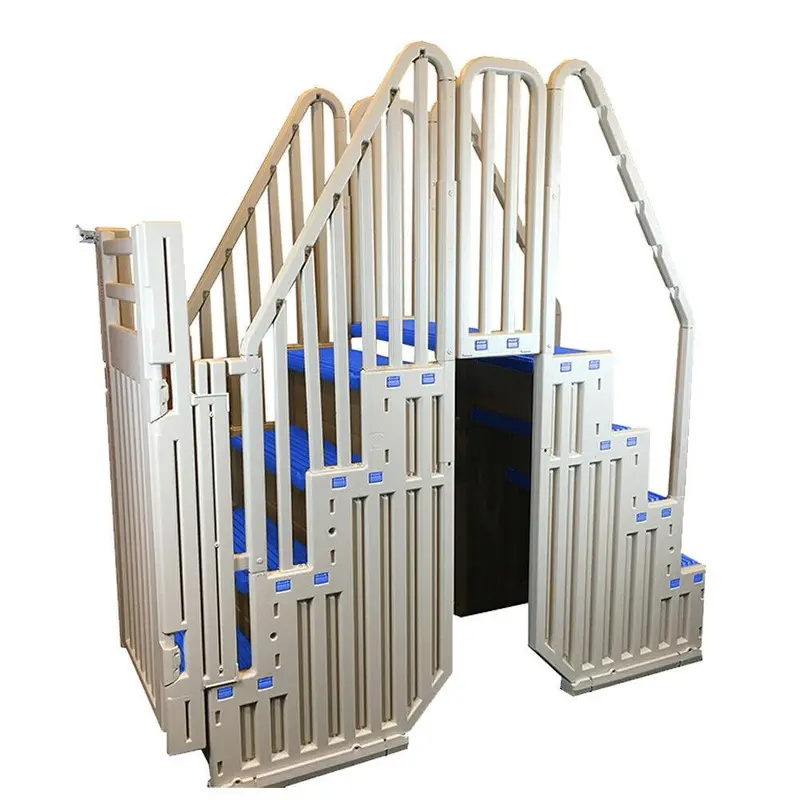 Warm Gray Above-Ground Pool System with Blue Steps and Secure Closure 2