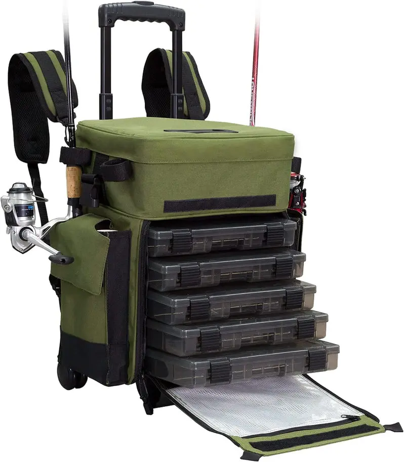 Waterproof Rolling Fishing Tackle Backpack by Elkton Outdoors – Features Rod Holders & Modular Trays