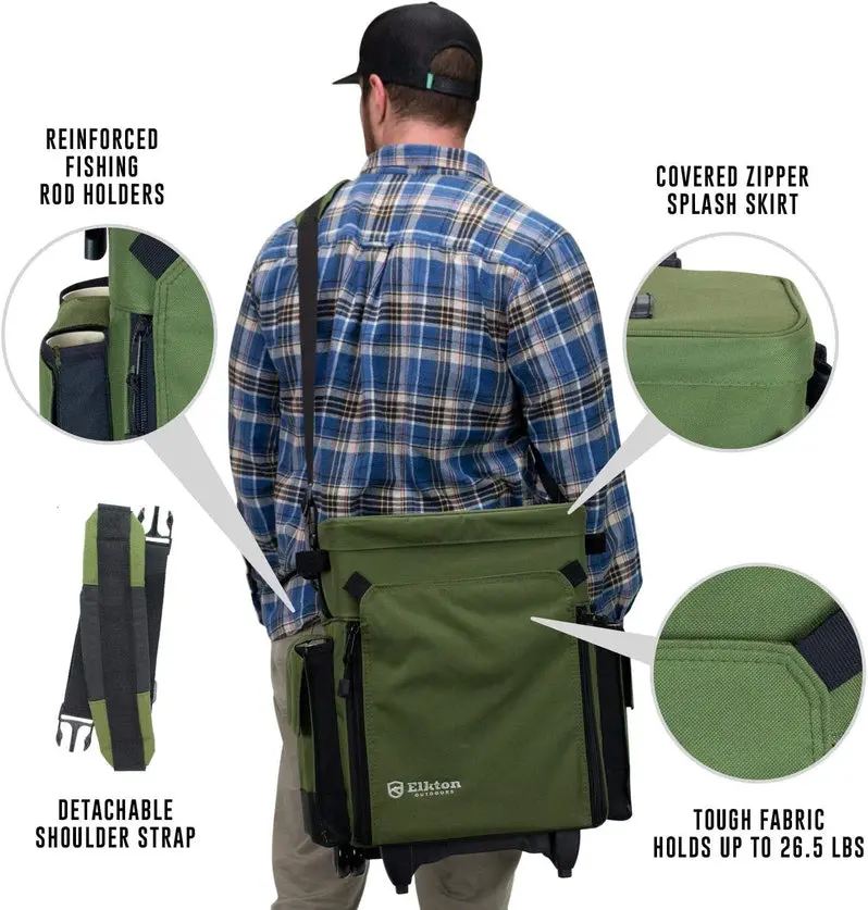 Waterproof Rolling Fishing Tackle Backpack by Elkton Outdoors – Features Rod Holders & Modular Trays