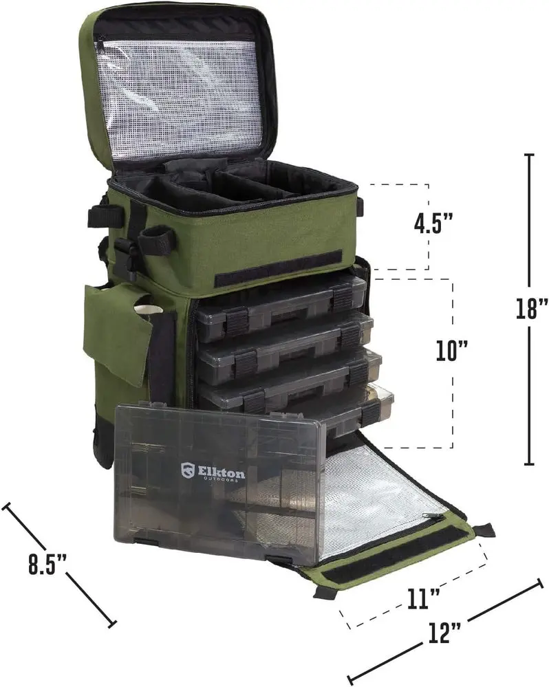 Waterproof Rolling Fishing Tackle Backpack by Elkton Outdoors – Features Rod Holders & Modular Trays