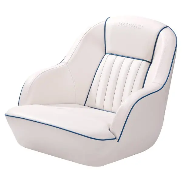 White-and-Blue Captains Bucket Pontoon Seat – Marine-Grade Folding Backrest, Cabin-Ready Design