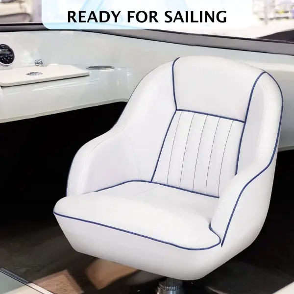 White-and-Blue Captains Bucket Pontoon Seat – Marine-Grade Folding Backrest, Cabin-Ready Design