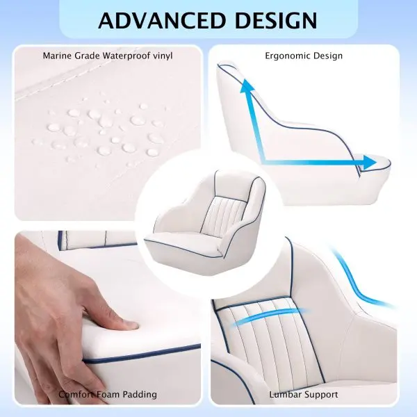 White-and-Blue Captains Bucket Pontoon Seat – Marine-Grade Folding Backrest, Cabin-Ready Design